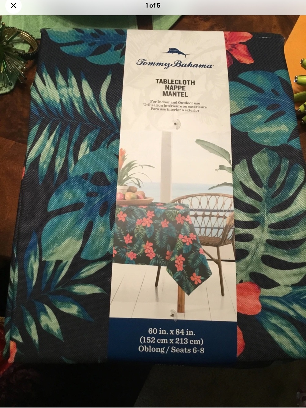Tommy Bahama Navy Blue Tropical Leaf & Floral Tablecloth